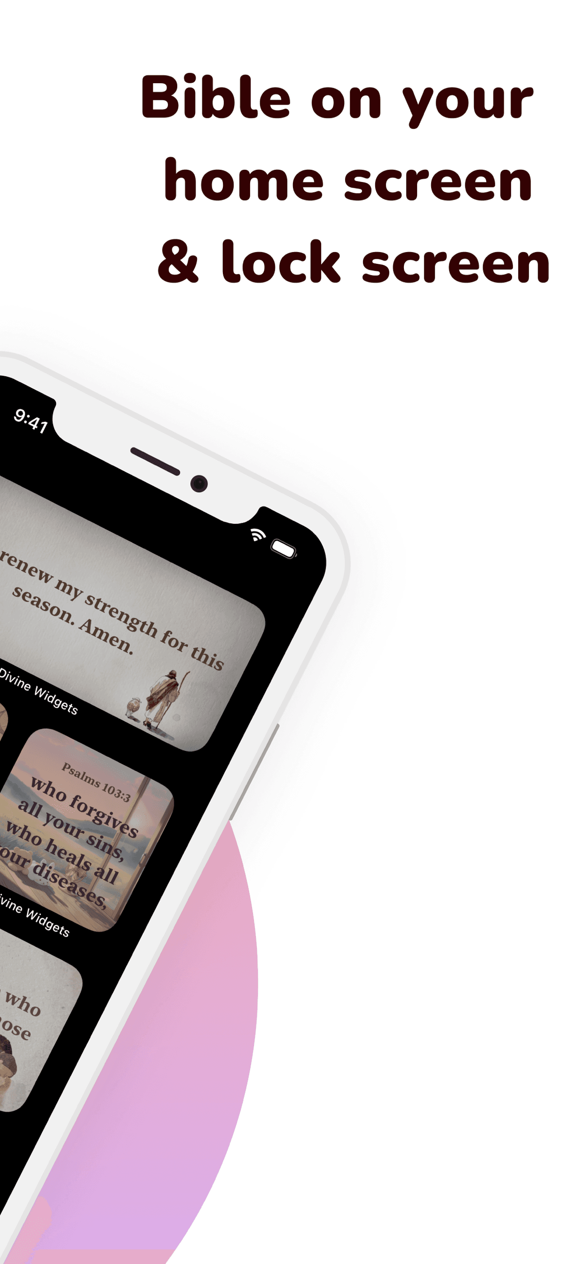 Divine Bible widgets displayed across iPhone home and lock screens