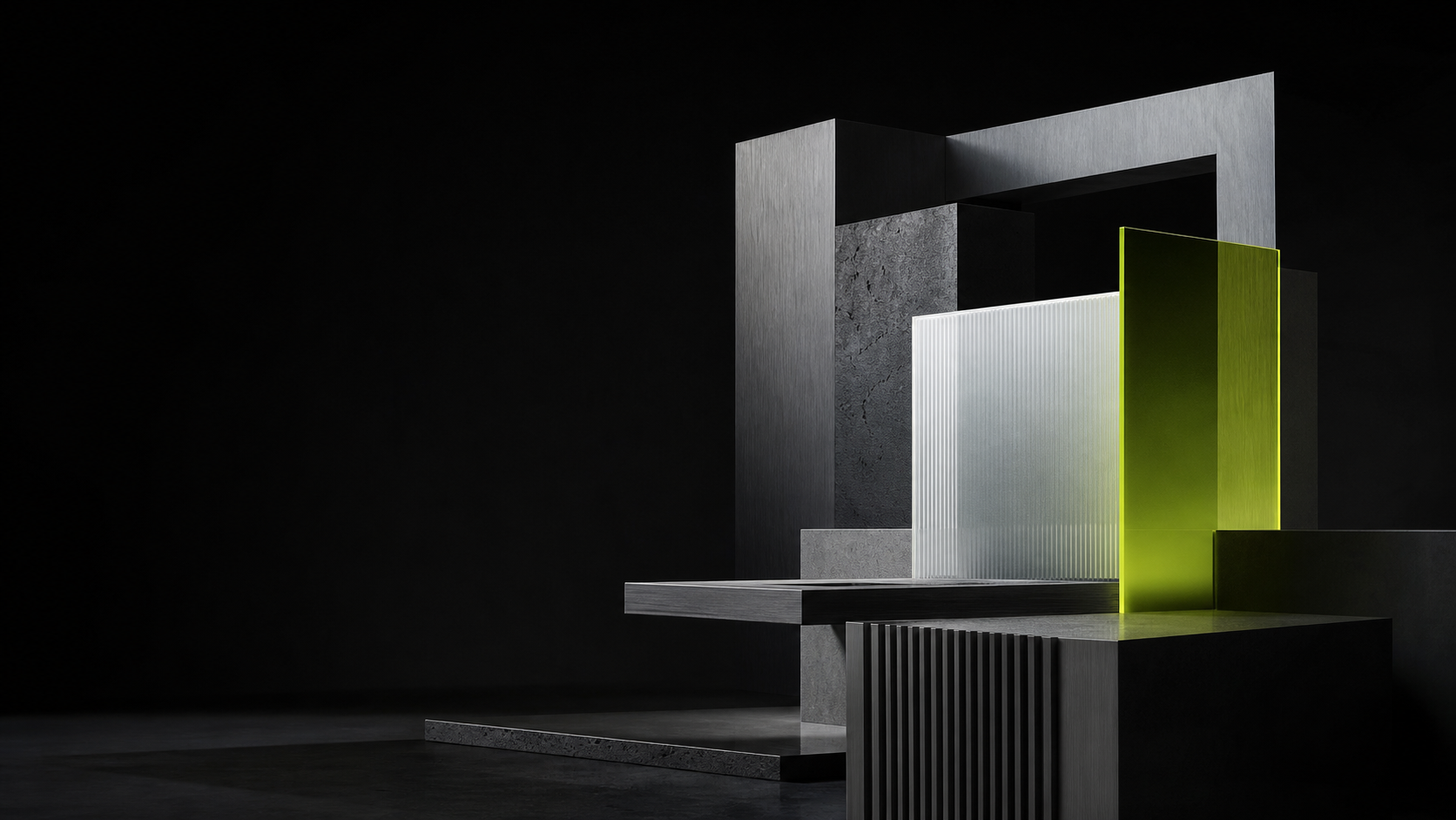 Abstract architectural forms in charcoal, silver, and chartreuse